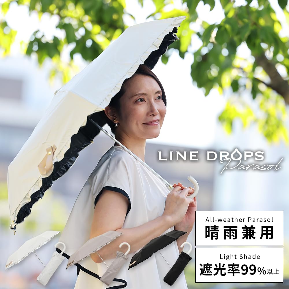 Ogawa Folding UV Suitable for Rain or Frilled Perfect Gift for or any other special LINEDROPS 57439 Women's Parasol, 99.9% Protection, White, Shine,