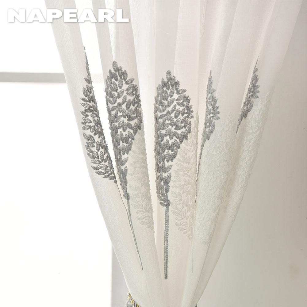 1PC NAPEARL 10%-20% Shading White Transparent Floral Embroidered Grey Leaves Tulle Sheer Voile Curtain for Living Room Bedroom
