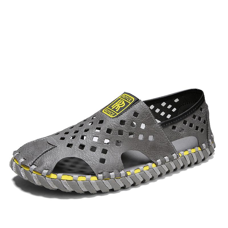 

Fashion Hollow Out Men Leather Sandals Comfortable Outdoor Casual Shoes Summer Beach Flats Walking Male Beach Sneakers Quick Dry Sandals 38 серый