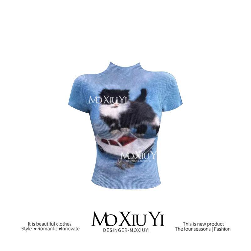 

Moxiuyi Studio [Ready Stock] Summer Polka Dot Cute Cat Print Half-High Collar Pleated Short Sleeve T-Shirt 30168# L