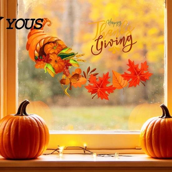 Self-adhesive Fall Decorations for Living Room Harvest Festival Wall Stickers Thanksgiving Autumn Decor, PVC Cornucopia Pumpkins And Maple