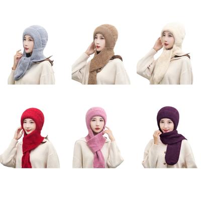 2-in-1 Winter Warm Hat Scarf for Women Knit Hooded Hat Outdoor Activity Cap Windproof Pullover Shawl Hat Soft Neck Scarf