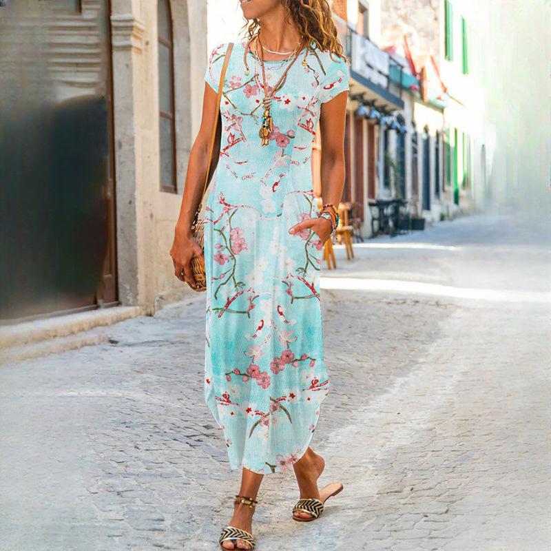 IHUASU Women's O Neck Plug Pocket Short Sleeve Trendy Printed Dresses