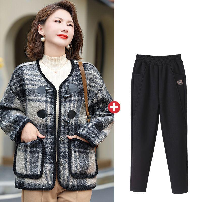 Plaid Woolen Coat for Middle-Aged & Elderly Women - Spring & Autumn Casual Cardigan