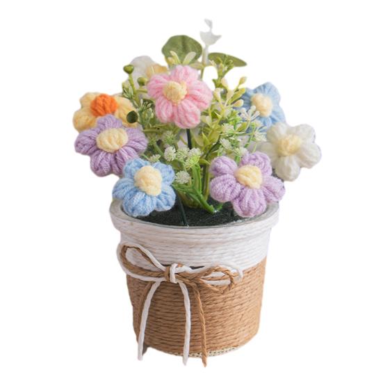 Handmade Crochet Flower Bouquet with Pot, Cute Little Knitted Potted Flower for Car Dashboard, Home Office Decoration, Gift for Birthday, Anniversary