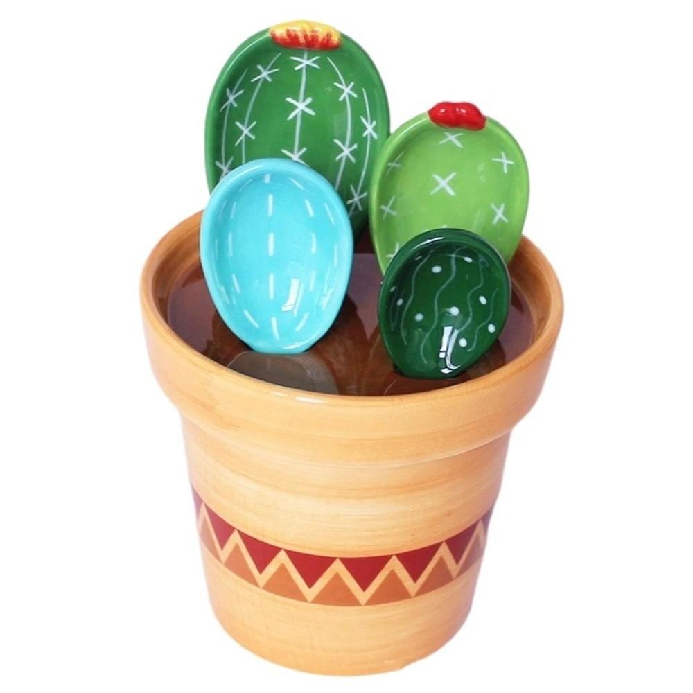 Ceramic Measuring Spoons Set with Base Baking Spoons Flower Pot Cactus Ornament Powder Scoop