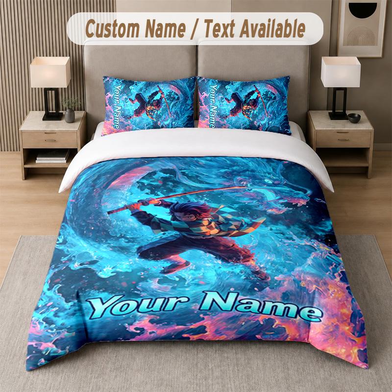 Demon Slayer 3Pcs Bedding Set, Personalized Custom Name Text, 1 Duvet Cover & 2 Pillowcases For Bedroom