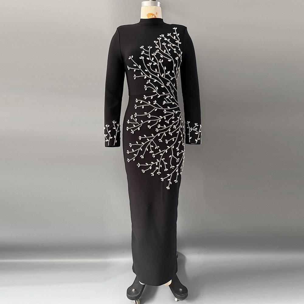 European and American Studded Bandage Long Sleeve Evening Gown - Slim Fit Socialite Party Dress