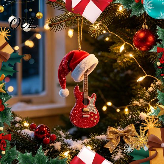 Music Fan Gift Red Guitar Christmas Ornament, 2D Flat Acrylic Hanging Pendant with Decorative Santa Hat, Country Tree Decoration, Holiday for