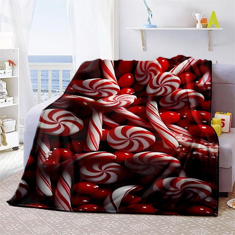 1pc Extra Candy Cane Flannel Blanket - Red White Throw for Sofa Bed Office Travel Picnic - Retro Festive Plush Christmas Decor