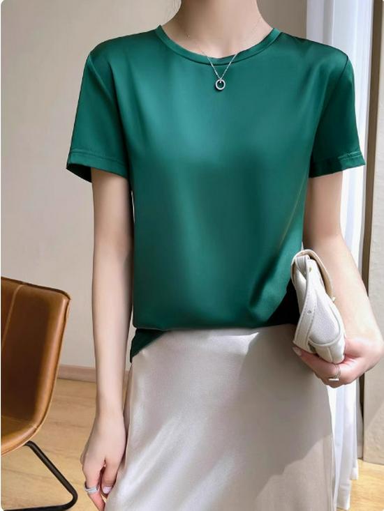 Damen Kurzarm Imitation Seide V-Ausschnitt T-Shirt - Weißes Satin Unterhemd Frühling/Sommer Top