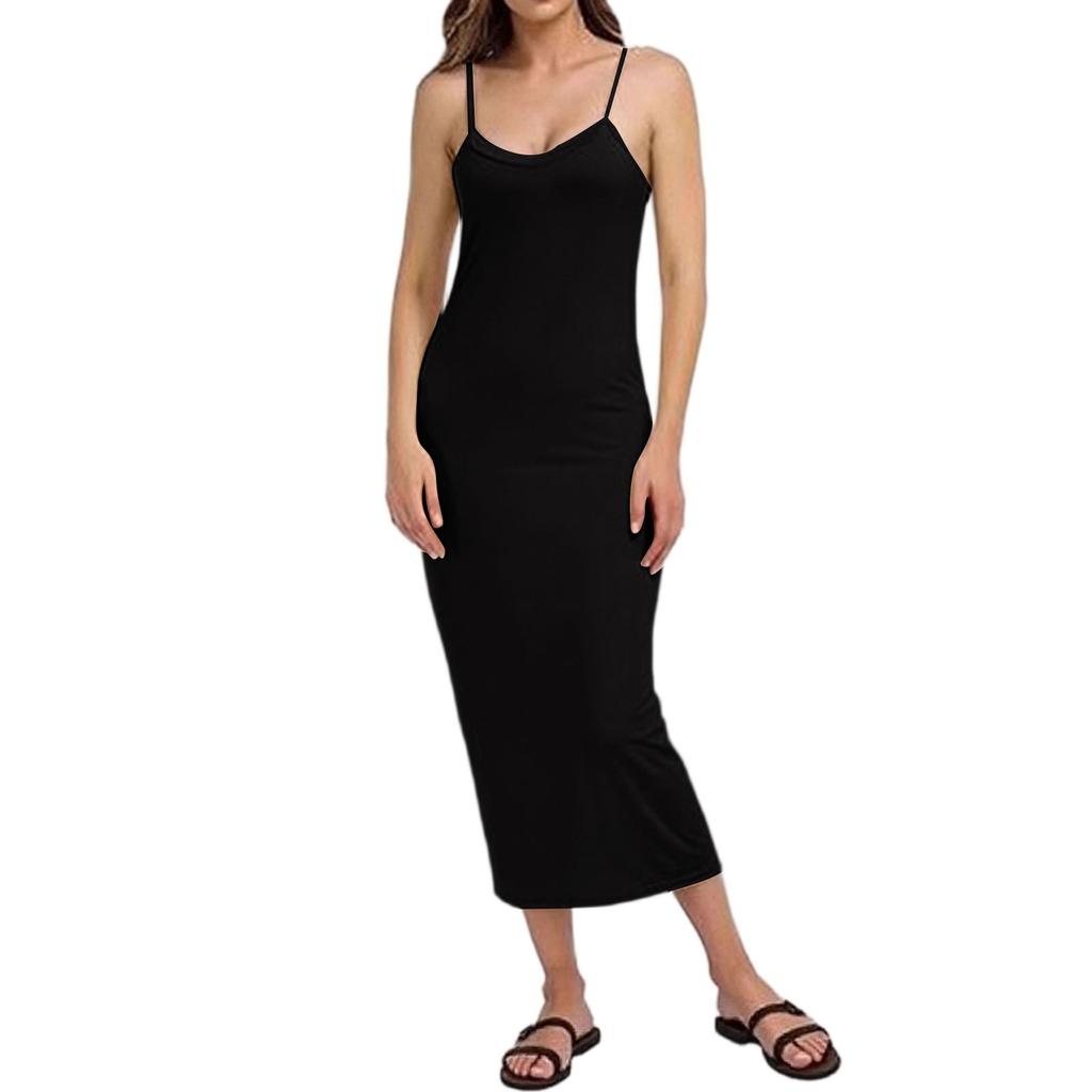 Dámské dlouhé nazouvací šaty, základní nastavitelná špagetová ramínka, cami nazouvací šaty, měkká noční košilka s výstřihem do V, spodní šaty