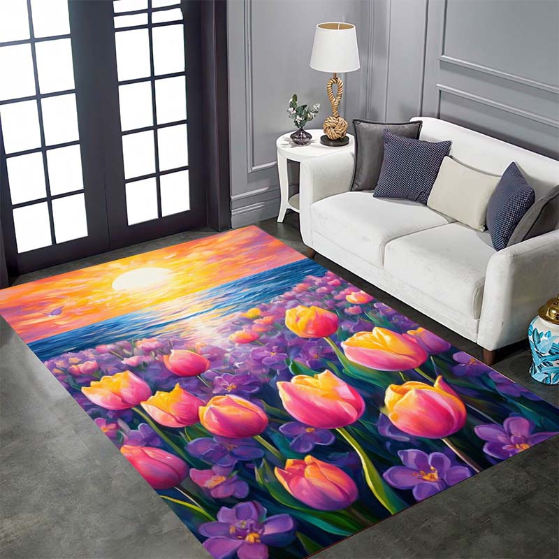 Vintage Floral Tulip Patterned Floor Mat, Non-slip, Machine Washable, Suitable for Living Rooms, Bedrooms, and Home Décor.
