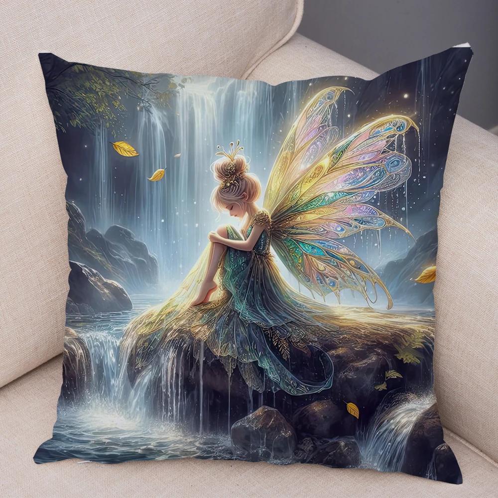 Niedlicher Cartoon Waldmädchen Elfen Kissenbezug Doppelseitig bedruckter Kissenbezug Deko für Sofa Zuhause Superweicher Plüsch Kissenbezug 40x40cm