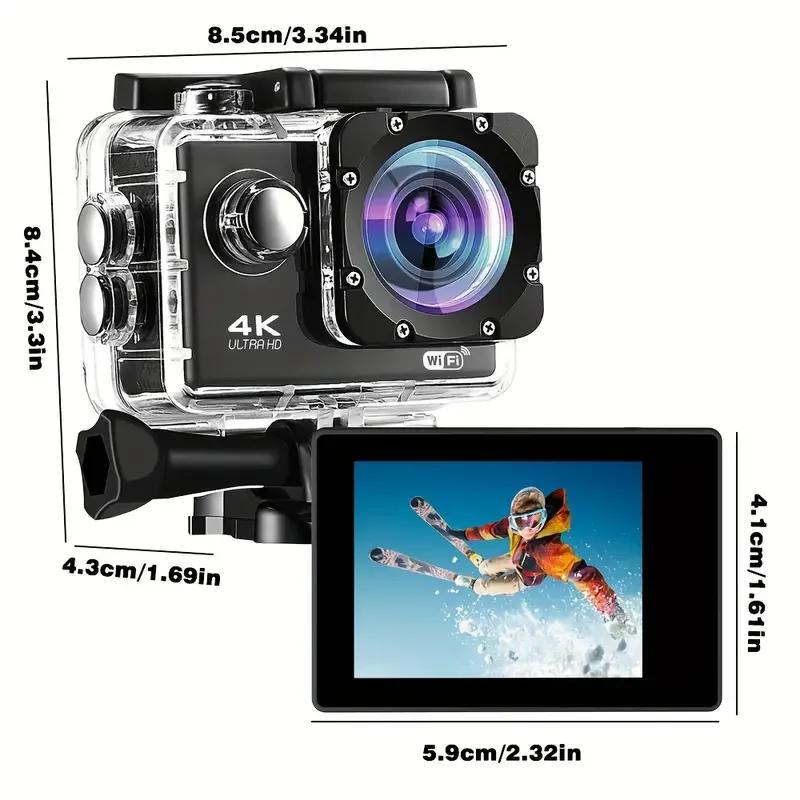 Ultra HD 4K Action Camera with WiFi - 30fps Waterproof Sports Camera (170° Wide Angle, 2.0" Screen) for Helmet & Underwater Use