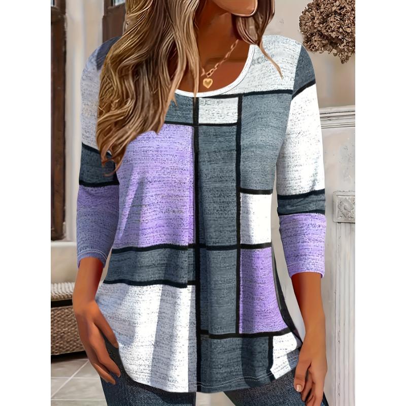 Plus size women's geometric color matching loose long-sleeved crew neck top - Casual, comfortable