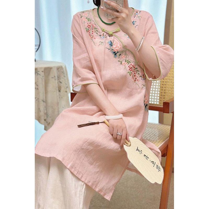 Improved Cheongsam Spring Summer Chinese Style National Cotton Linen Retro Embroidery Zen Tea Dress Mid-sleeve Dress for Women