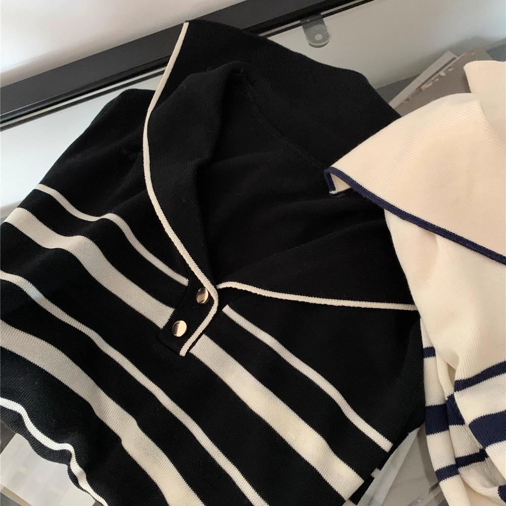 This Autumn and Winter Fashion Design Features A Simple Navy Neck Striped Long-sleeved Knitted Sweater and A Loose, Slimming Base Layer for Women