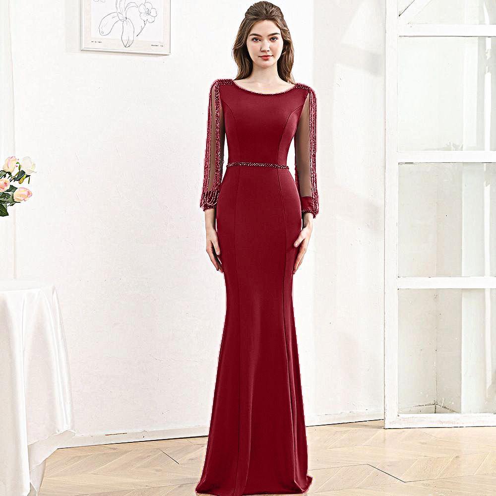 Elegant European Mesh Beaded Long Sleeve Hepburn Style Evening Party Gown
