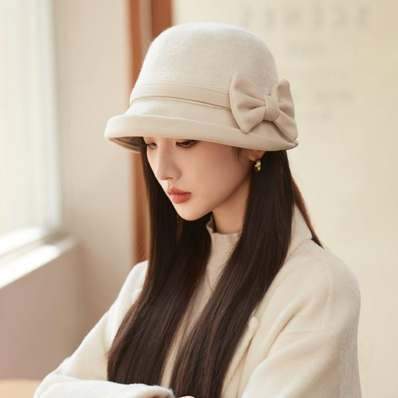 Bow autumn and winter hat women's big head circumference shows small face temperament bucket hat retro versatile basin hat
