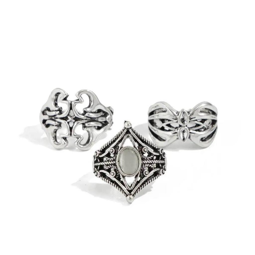 IngeSight.Z 3Pcs/Set Vintage Irregular Hollowout Pattern Open Ring Men Punk Geometric Adjustable Finger Ring Jewelry Accessories