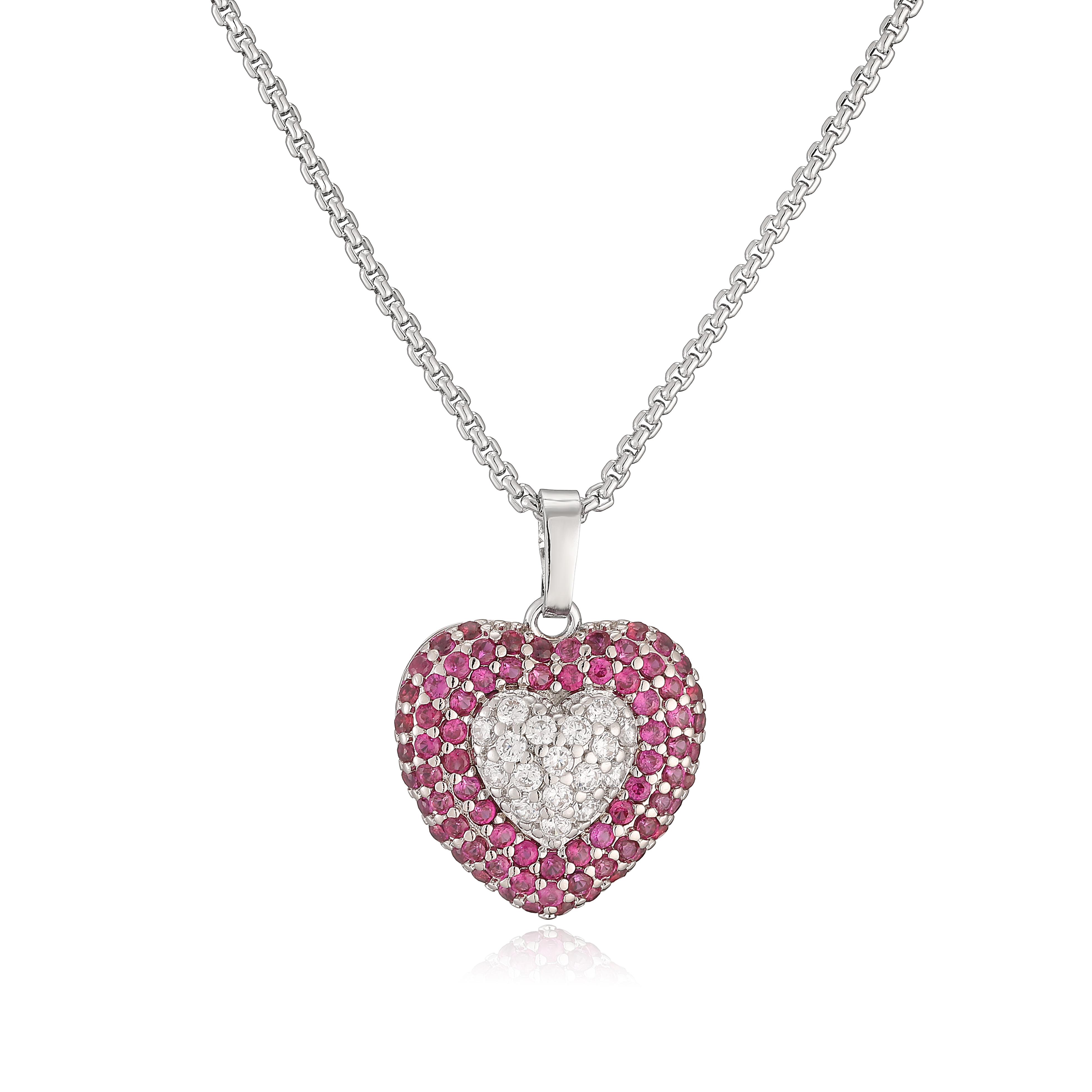 Luxury Pink Heart Zircon for Women, Dainty Gold Plated Brass Pendant Necklace & Hoop Earrings with Cubic Zirconia