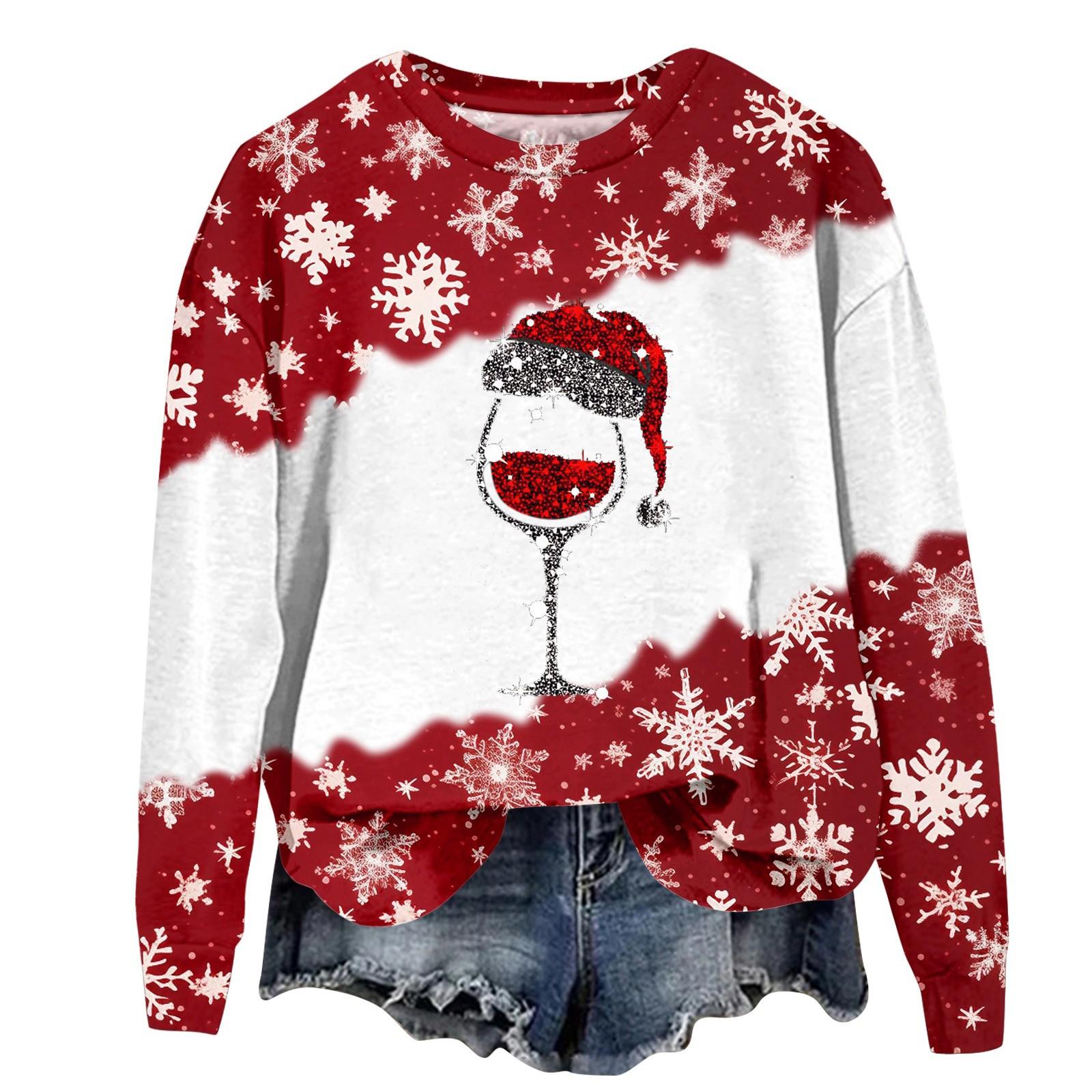 

Женская мода рождественский принт длинный рукав свободный круглый вырез толстовка топ осень XXXXXL киноварь