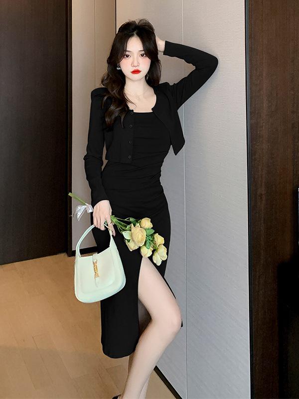 Spring Pure Desire Dress & Cardigan Set - Spaghetti Strap Slit Skirt + Long Sleeve Top