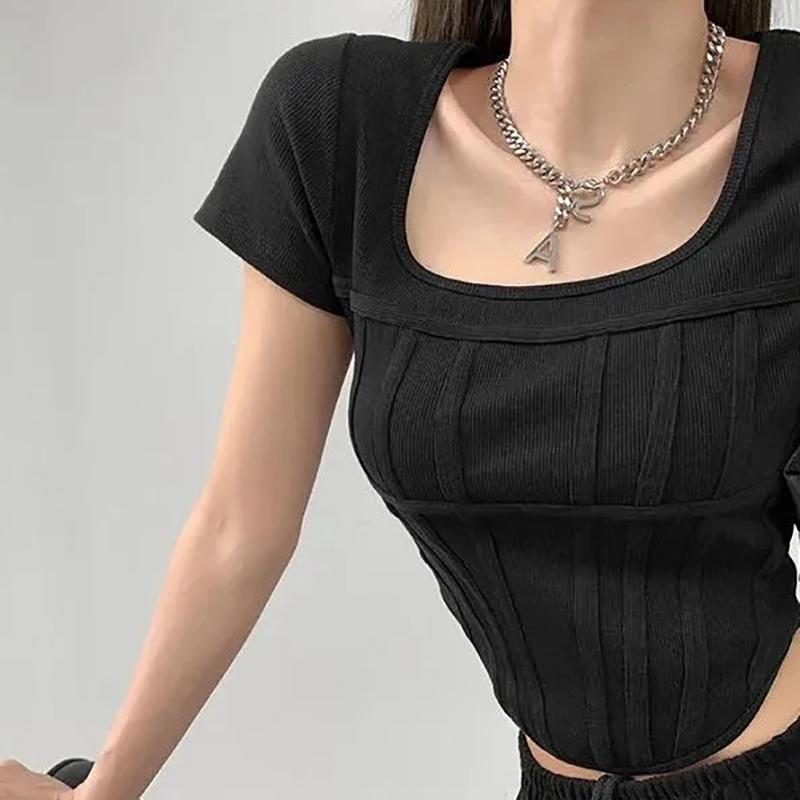 Léto Bright Line Černá Bílá Šedá Tričko Ženy Tenký čtvercový výstřih Krátký rukáv Oříznuté topy Dámské Trička pro volný čas