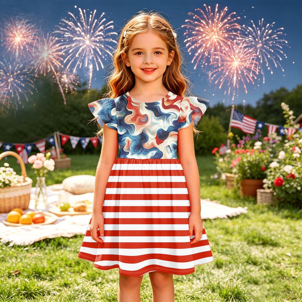 Girls' Summer Princess Dress - A-Line T-Shirt Dress Independence Day