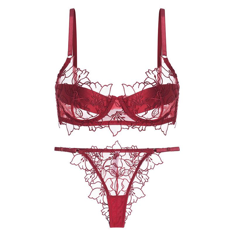 Sexy erotic underwear women's French summer ultra-thin embroidered lace bra big chest small anti-sagging underwear set