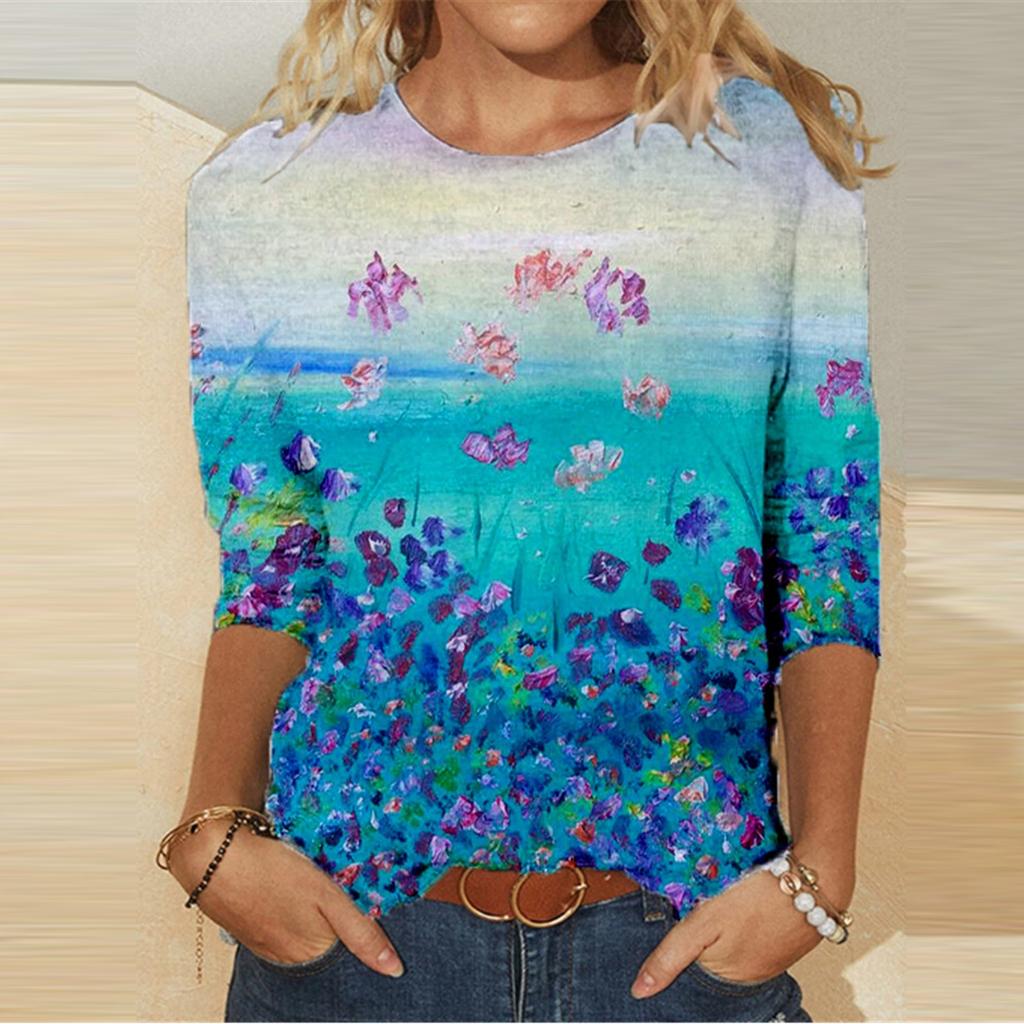 Women's  Casual Fashion Round Neck Print Long Sleeve Pullover T-shirt Tops