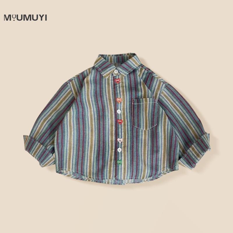 

Полосатая рубашка с длинным рукавом для мальчиков в корейском стиле - Ретро куртка Мори для весны и осени (2025) 90 cm