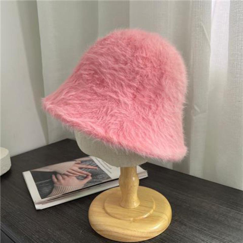 Rabbit hair fisherman hat women's versatile warm water bucket hat autumn and winter show face small basin hat