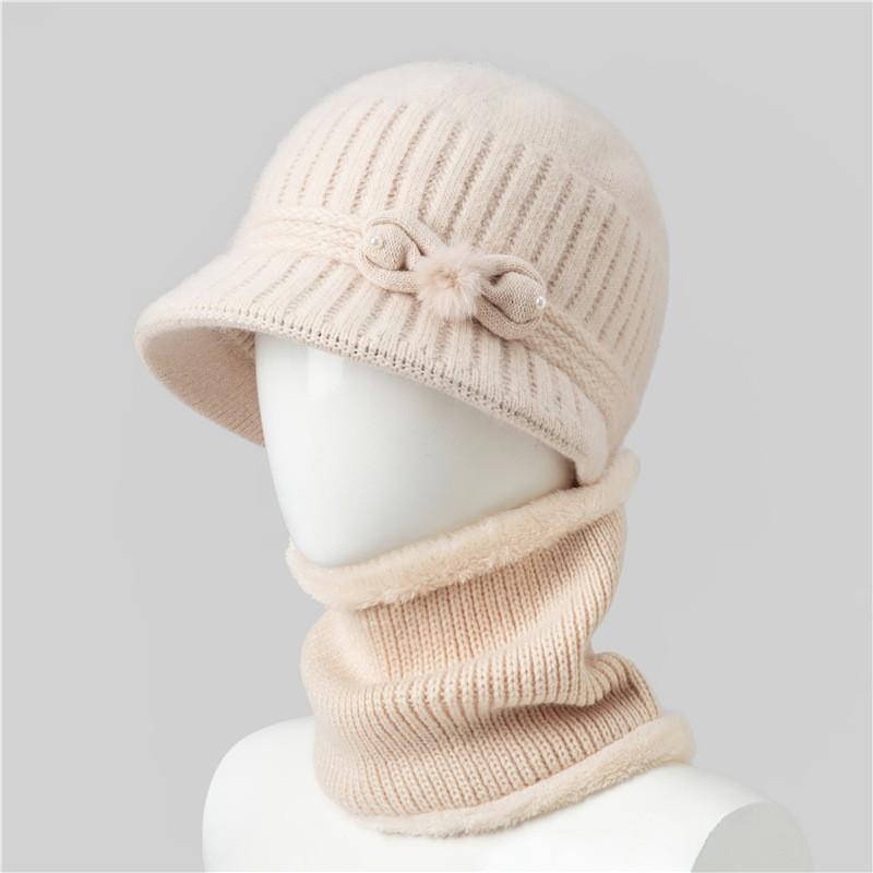 Warm Knitted Beanie Hat Women Seniors Winter Soft Rabbit Hair Cap With Wide Brim Adjustable Fit