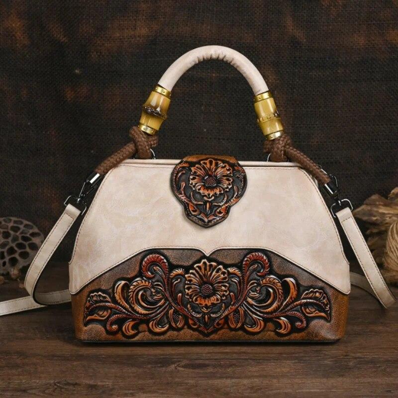Ladies Luxury Handbag 2026 New Vintage Handmade Leather Carved Women Tote Bag Versatile Female Shopping Shoulder Crossbody Bags
