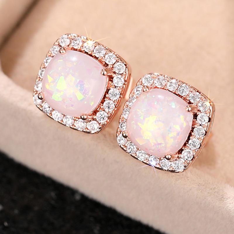 New Design Geometric Shaped Round Opal Silver/Rose Gold Plated Earrings for Fashion Party CZ Stud Earring for Women