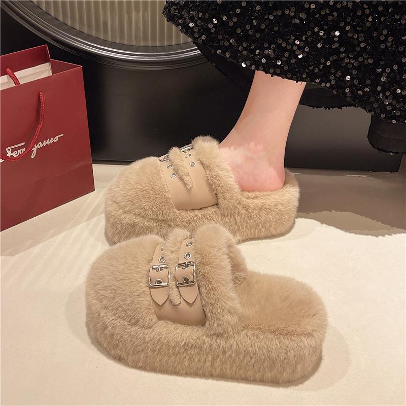 New bag head hair slippers women's cm thick-soled warm hair shoes comfortable home flat-soled hair slippers