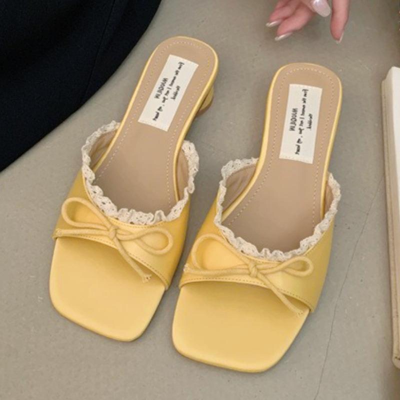 Fashion Elegant Lace Bow Embellished Brand Slippers Women Fashion Sexy Square Toe Open Toe Slide Sandals Sweet Sandalias Mujer De Verano