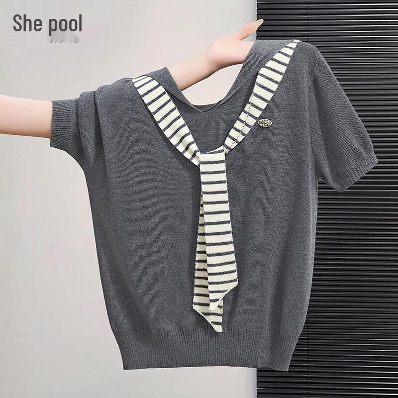 

Women s Sailor Collar Striped Knit Short Sleeve Top One Size