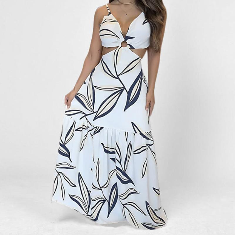 

Весна Новое Женское Модное Платье А-силуэта с Косым Воротником, Принтом и Открытой Спиной S белый