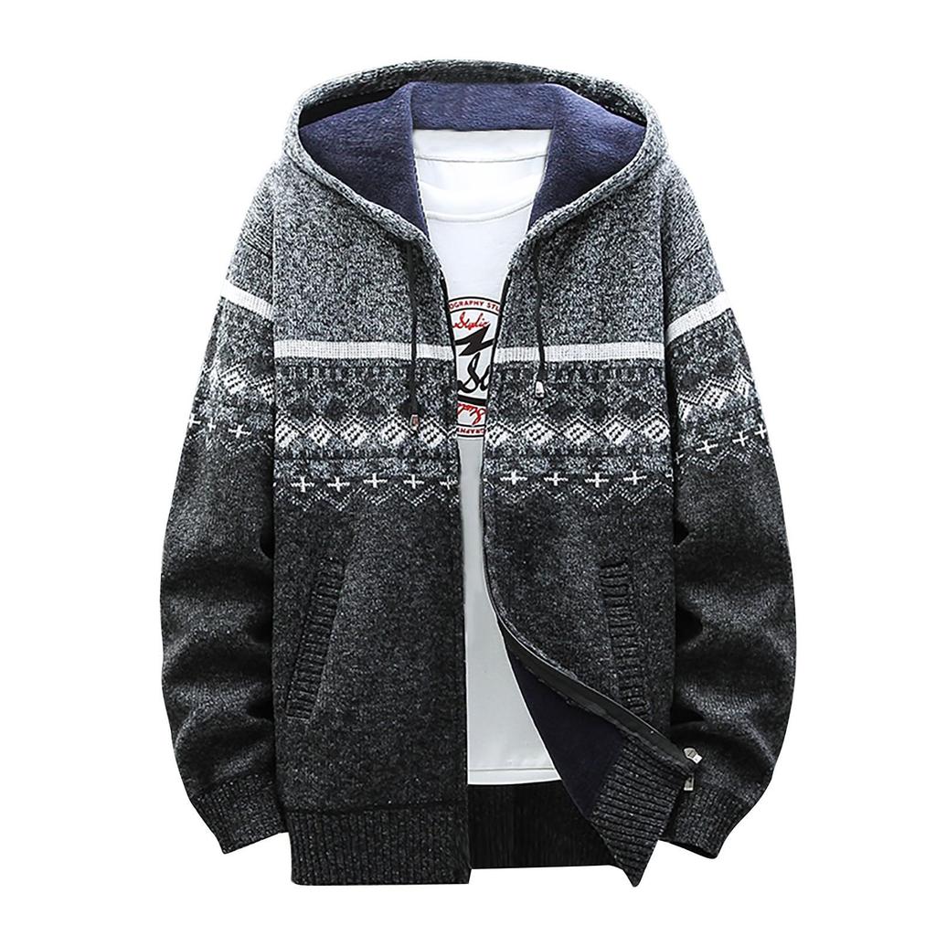 Autumn and Winter New Men's Casual Jacket Hooded Cardigan Knitted Thickened Plush Sweater Men