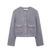 Moda Donna con Tasche Giubbotti Bomber Grigio Monopetto Scollo Tondo Maniche Lunghe Vintage