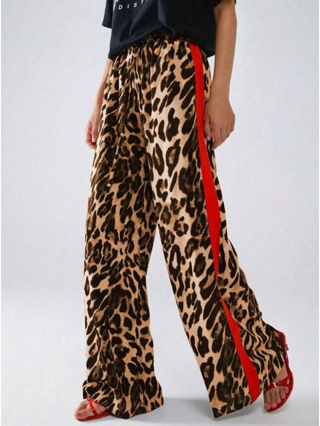 

2025 Leopard Print Patchwork Loose Wide-Leg Women s Trousers Large жовтий