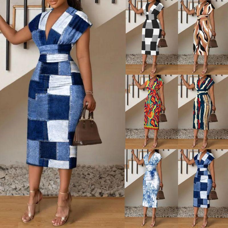 

2024 Simple V-neck Bag Hip Printed Dress Sheath Print Dress Khakis Print XXL