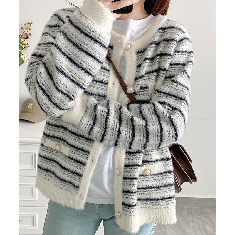 Knitted Sweater Cardigan New Small Fresh Imitation Mink Women's Fashion Design Sense Contrasting Striped Sweater