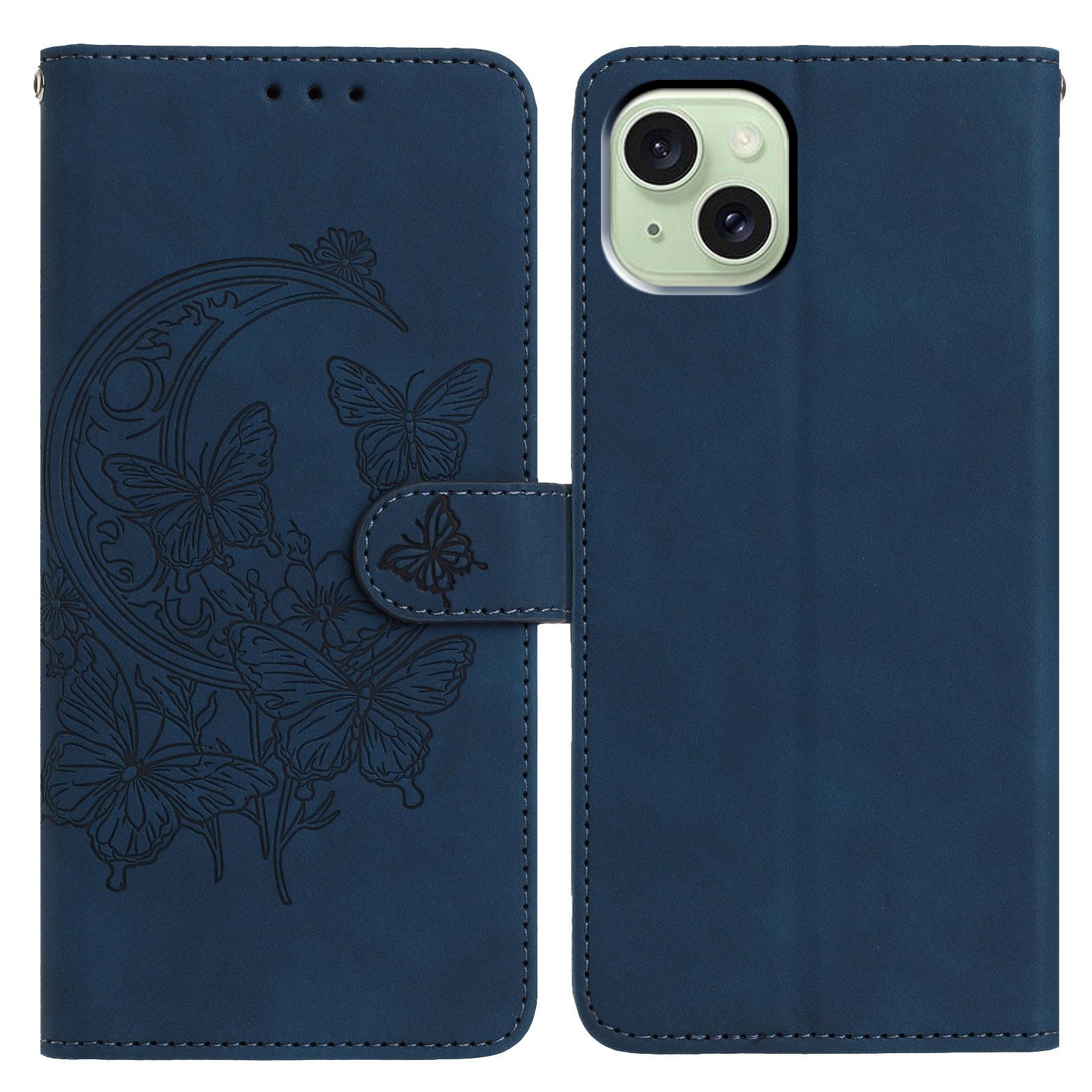 

For iPhone 15 Case Butterfly Flower Imprinted PU Leather Wallet Stand Phone Cover Blue