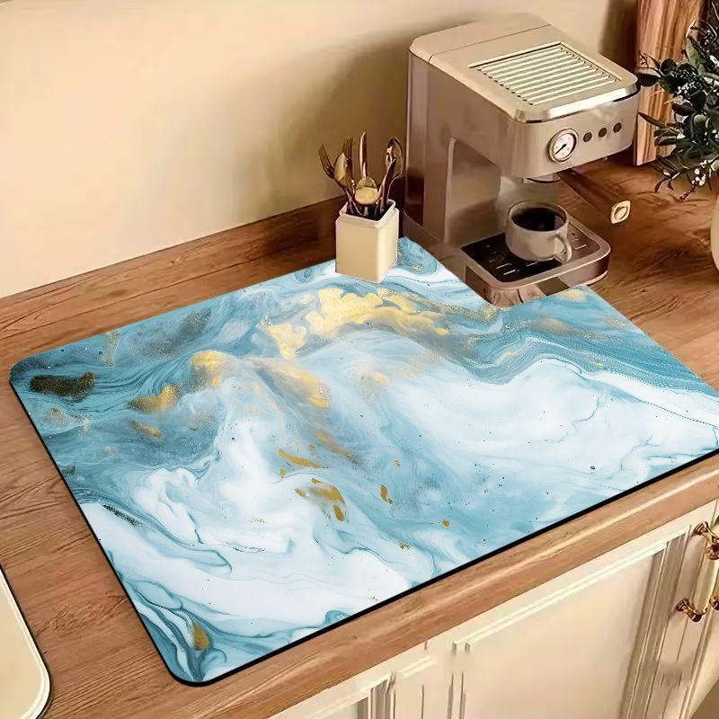 Light Grey Ink Marble Coffee Mat Quick Drying Absorbent Non Slip Coffee Machine Counter Protector Mat Coffee Decor Rug