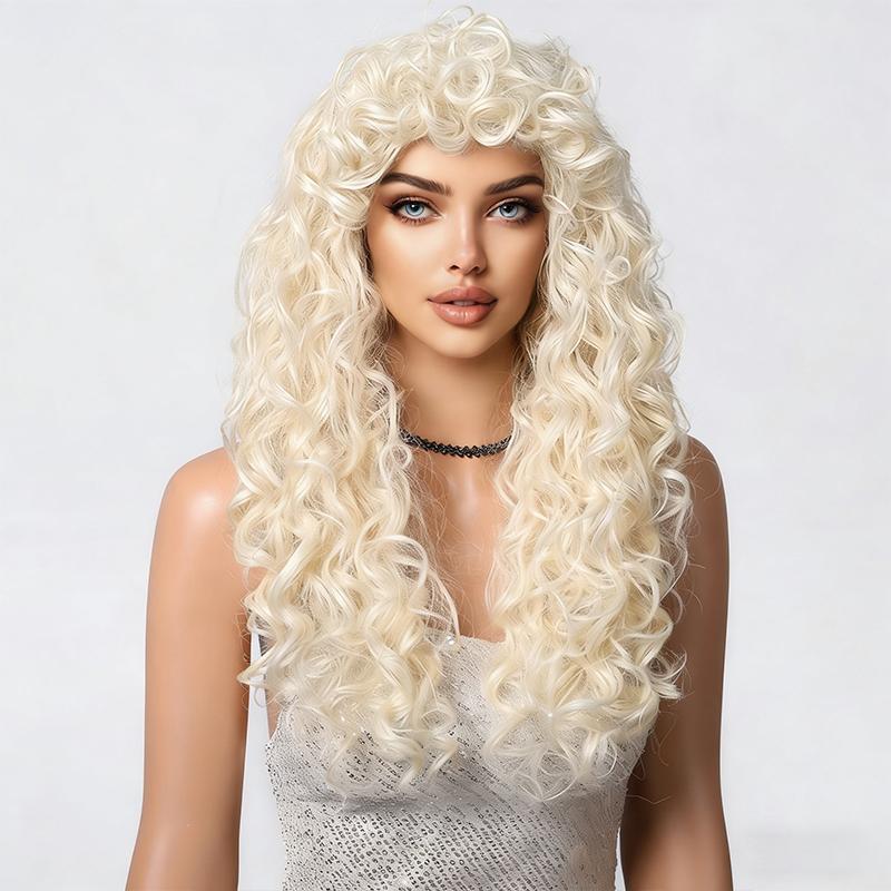 Parrucca Lunga Riccia Moda Donna, Ricci in Lana Biondo Platino Frangia ad Aria Capelli Sintetici in Fibra ad Alta Temperatura