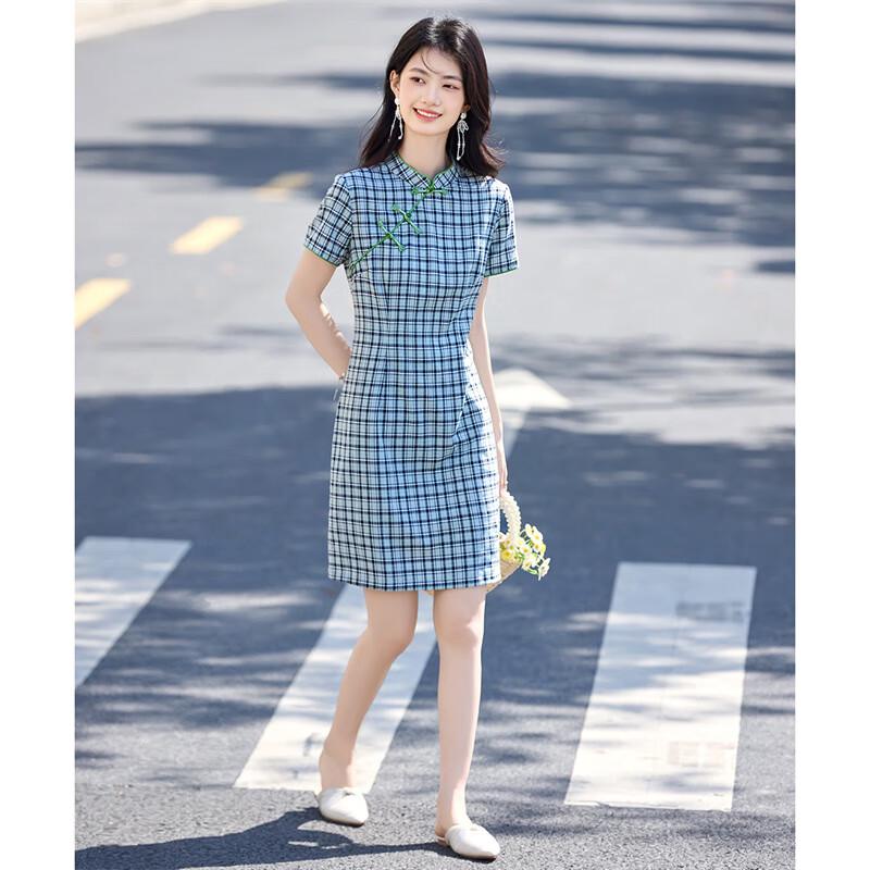 Women's New Chinese Style Plaid Short-Sleeved Qipao Midi Dress